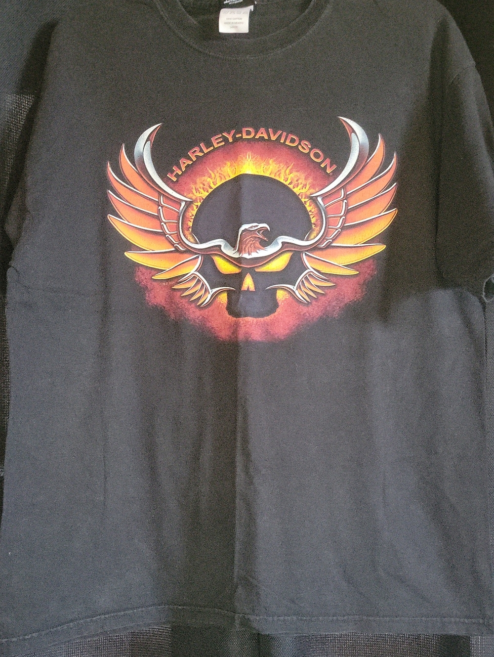 Harley-Davidson Black Tee with Orange and Yellow Winged Skull Graphic